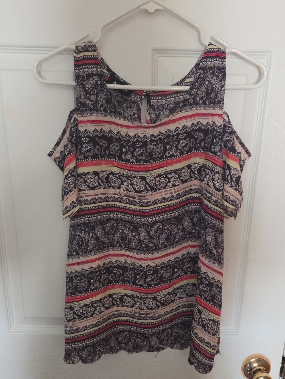 A. Byer Striped Floral Cold-Shoulder Camisole in Black and Pink